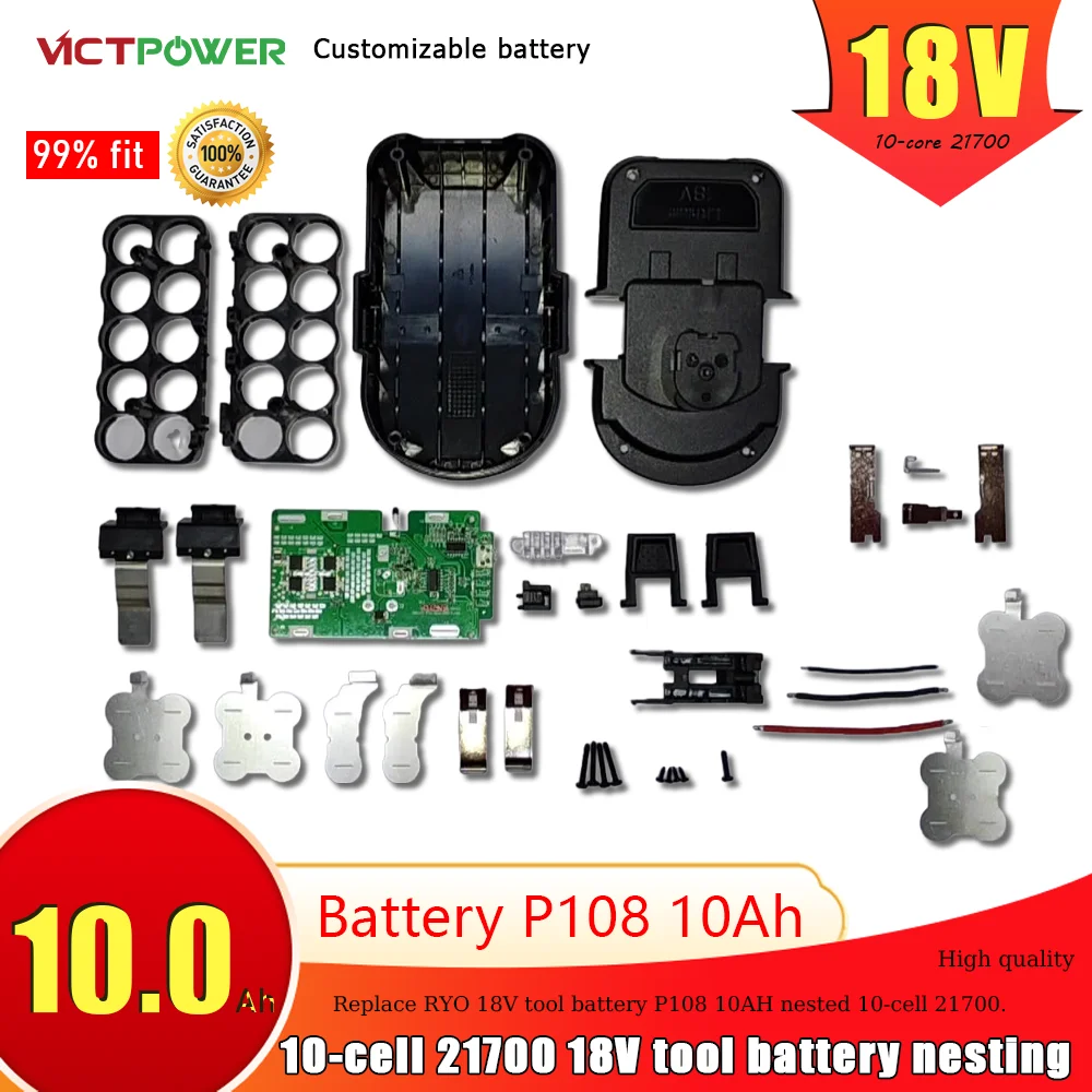 DIY 18V10Ah Tool Lithium Battery Shell Kit BMS/PCB Board 21700*10 Core Is Suitable for Ryobi P108