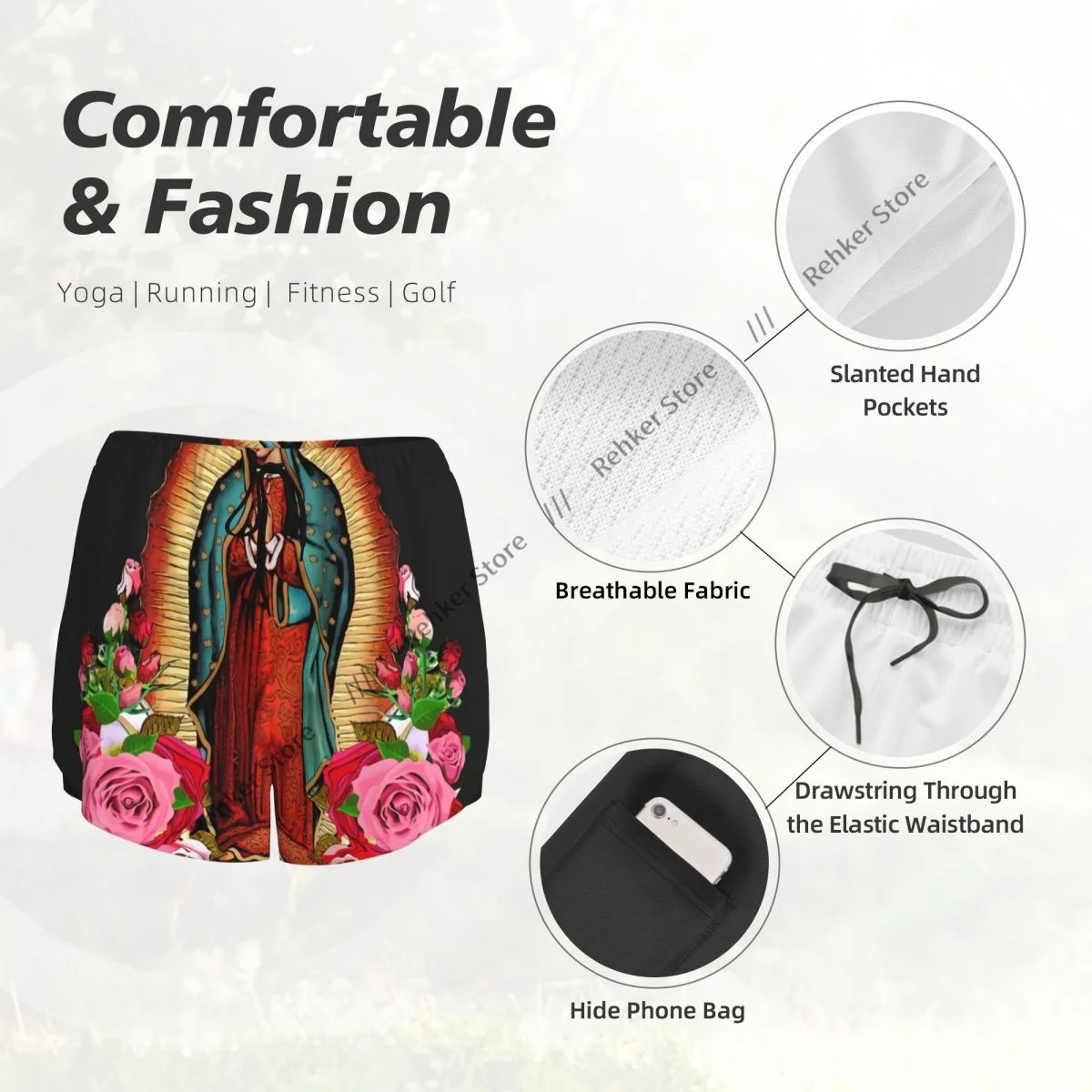Workout Shorts Women Fitness Quick Drying Double Layer Shorts Our Lady Of Guadalupe Virgin Mary Yoga Short Pants Gym Leggings