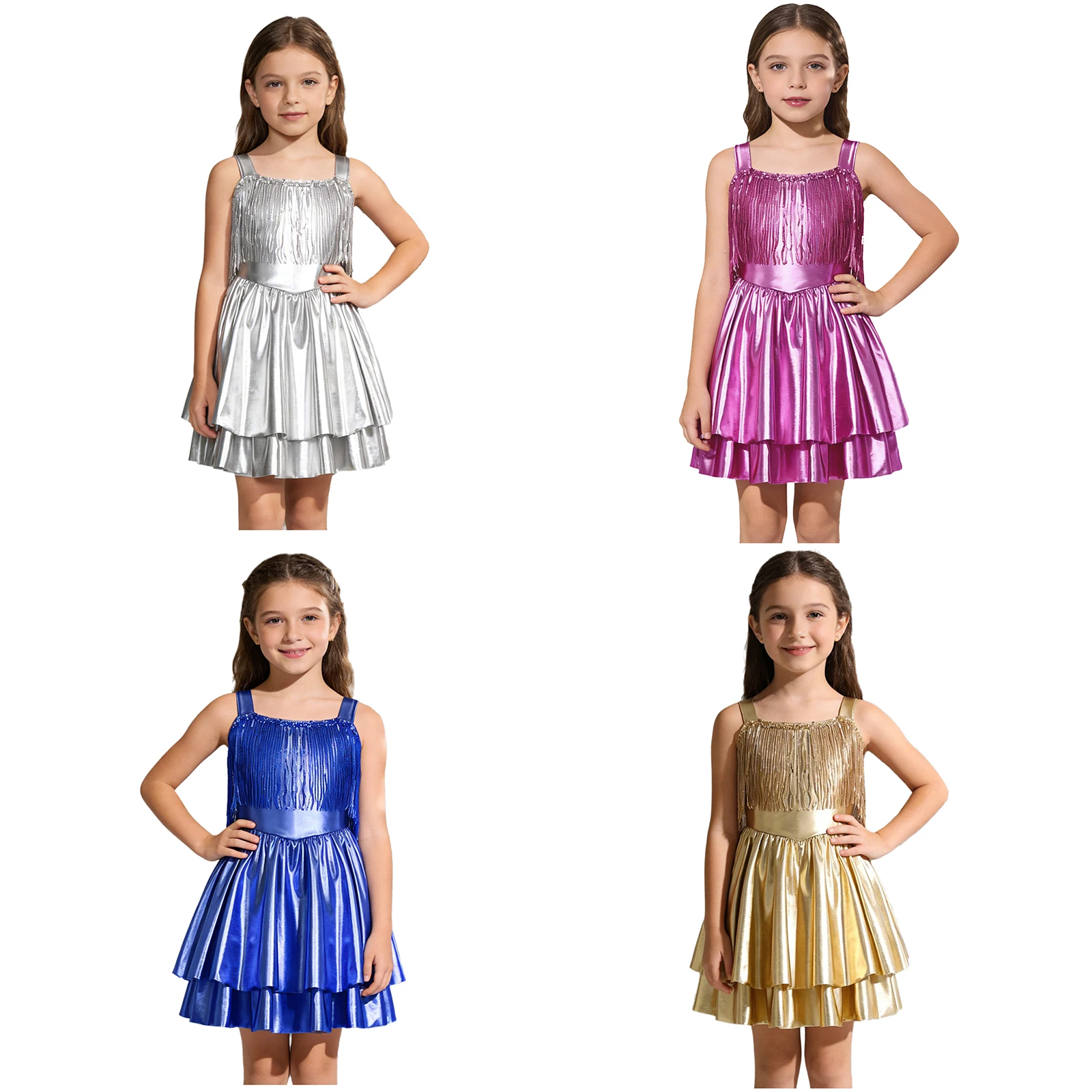 Sukienka dla dziewczynki, metaliczna, błyszcząca, na przyjęcie, z cekinami, frędzlami, bez rękawów, warstwowa, rozkloszowana, na ramiączkach, na konkurs piękności, występ sceniczny, bal taneczny.