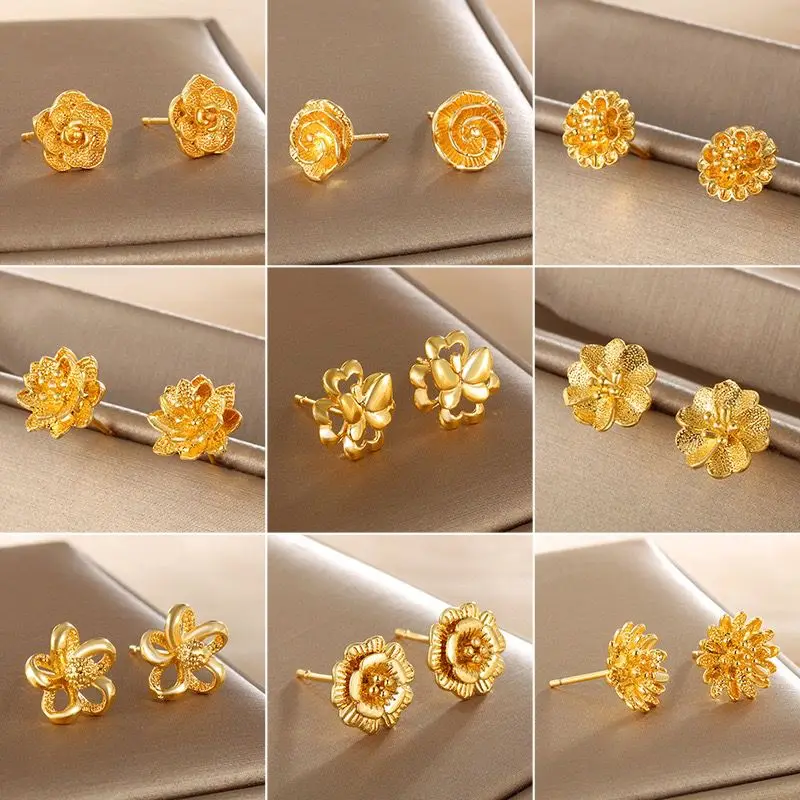 أقراط نسائية كلاسيكية مرصعة بالزهور ، لون ذهبي خالص ، خالية من النيكل ، مجوهرات أنيقة ، سعر الجملة ، 10 *