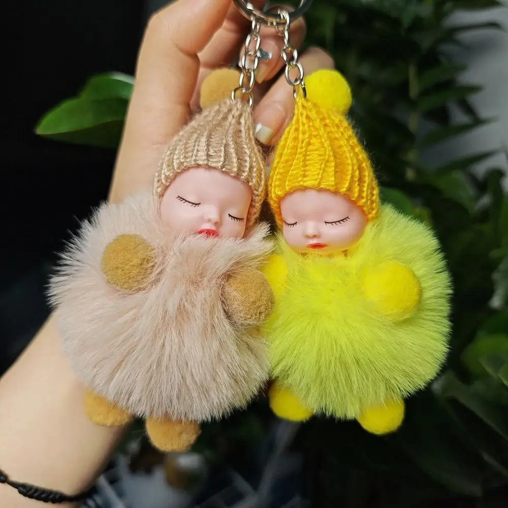 Knitted Hat Pompom Sleeping Baby Keychain Solid Color Cute Sleeping Baby Key Chain Plush Doll Lovely Sleep Baby Pompom Keyring