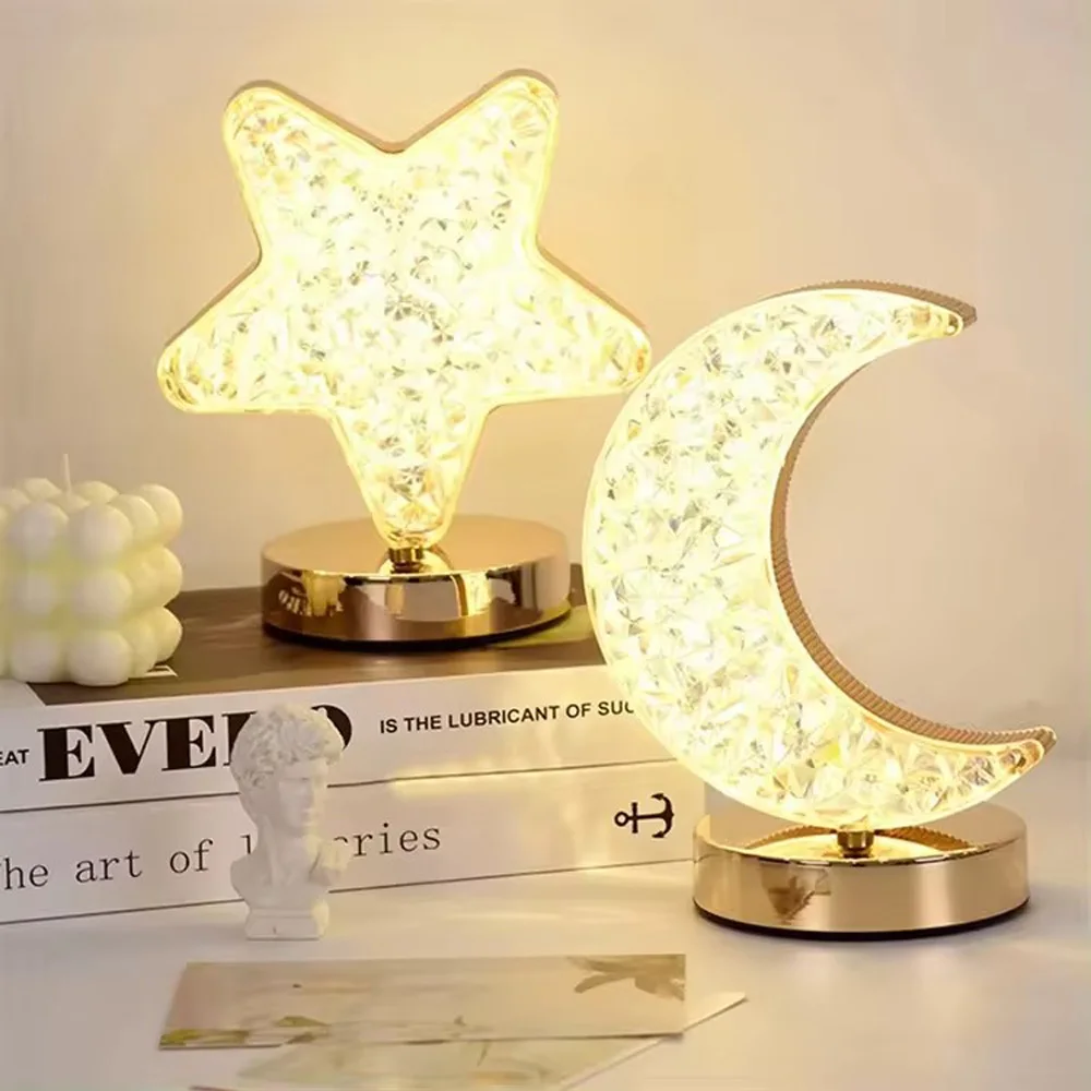 Romantic crystal desk lamp, star moon infinite variable light with small decorative bedroom bedside ambient light