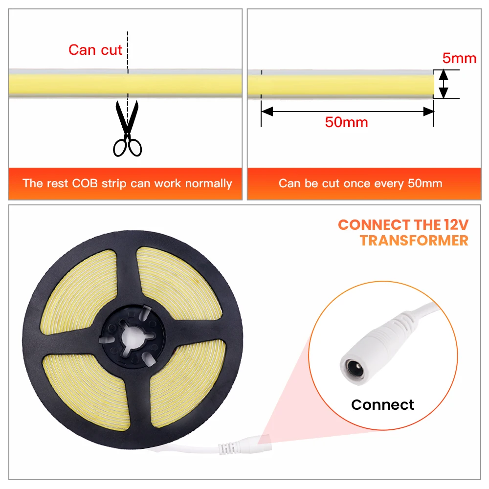 선형 PCB 5mm COB 스트립, 유연한 리본 로프, 고밀도 FOB LED 스트립 조명, TV 배경 조명, DC 12V 320LEDs/m RA90