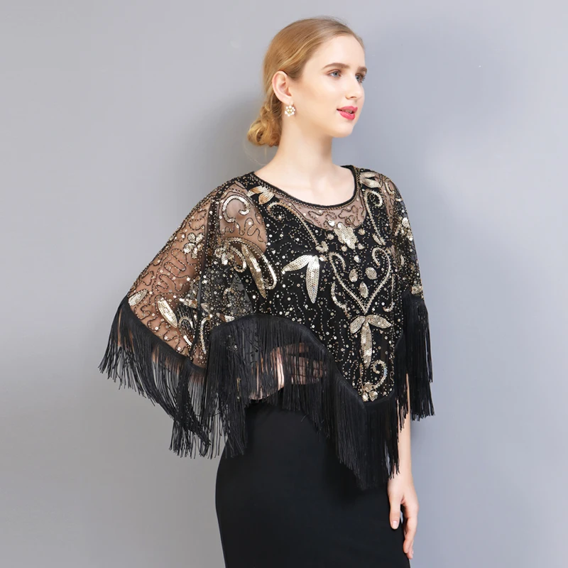 

customized women's adult Latin dance dress with thin sequins tassel cape shawl sun protection shawl pullover and mesh cover