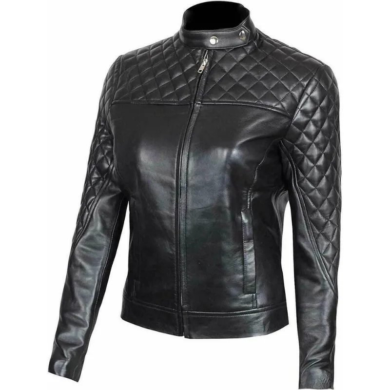 Women's Front Zip Biker Black Real Lambskin Leather Jacket Stand Collar Designe