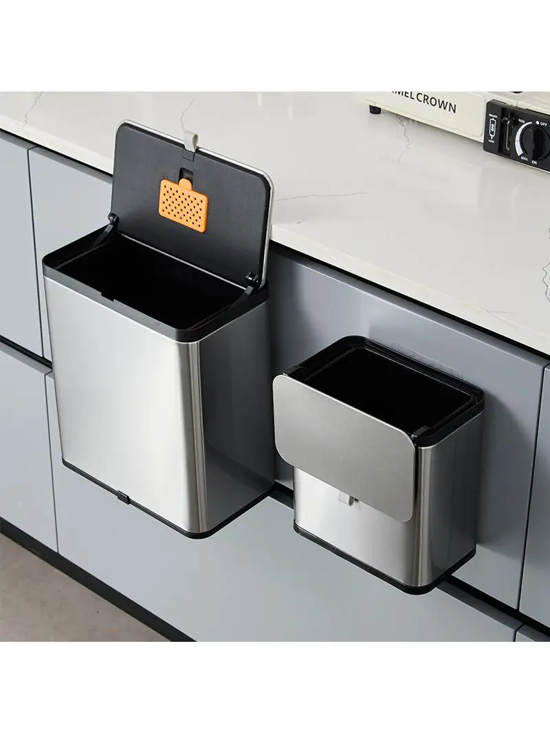 

Stainless Steel Kitchen Trash Can Wall Mounted Bathroom Toilet Compostable Cover Household New Style Storage Tube Simple Design