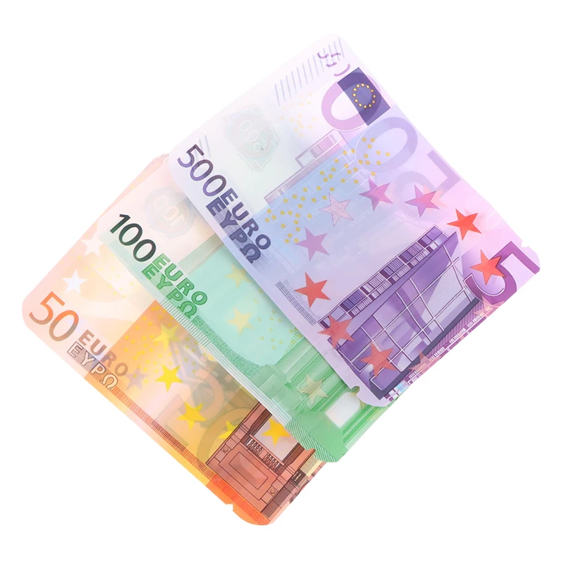 100Pcs 10€ 20€ 50€ 100€ 200€ 500€ Bills Paper Zip Lock Bag With Clear Window 1-3.5G Mylar Small Bag EURO Design Small Pouches