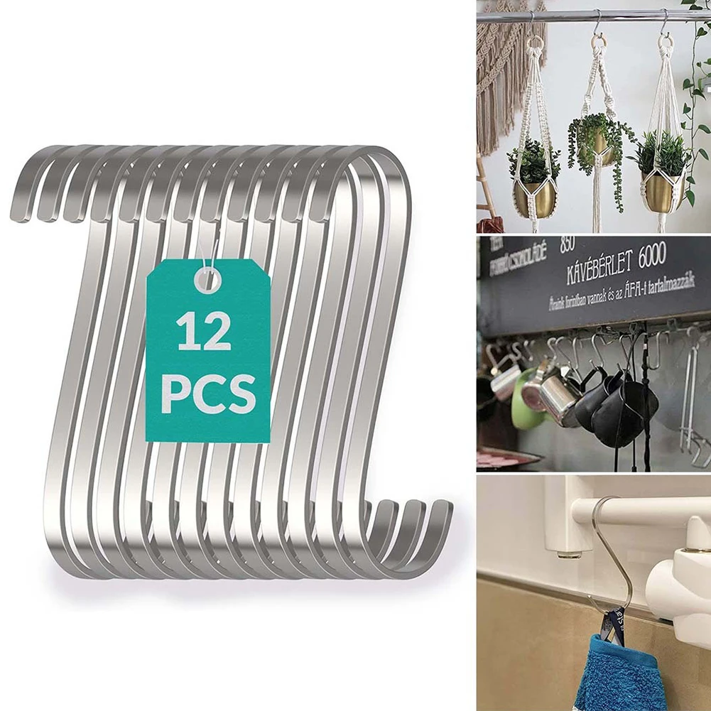 12pcs S Hooks Stainless Steel Hanger Garden Plant Hanging Rack Hanging Clothes Towel Hooks Kitchen Organization Hooks