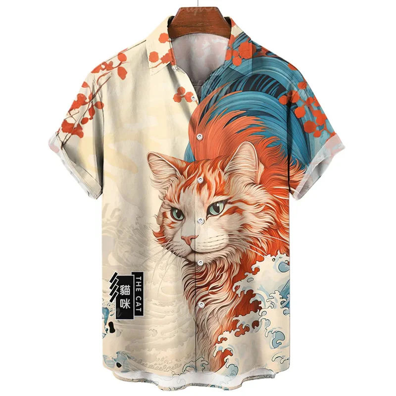 Fashion Hawaiian Shirt 3d Animal Cat Printed Short Sleeves Summer Beach Floral Lapel Shirts Men Streetwear Tops Blouse Clothes