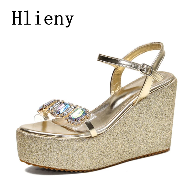 Hlieny Crystal Platform Wedges Buckle Strap Women Sandals Fashion Gladiator Open Toe High Heels Shoes Ladies Summer Pumps