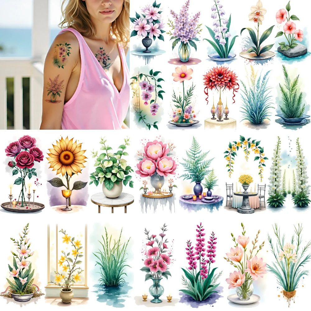 

9pcs Temporary Tattoo Botanical Art Temporary Tattoo Stickers Floral Designs Waterproof Long-lasting Body Stickers For Ladies