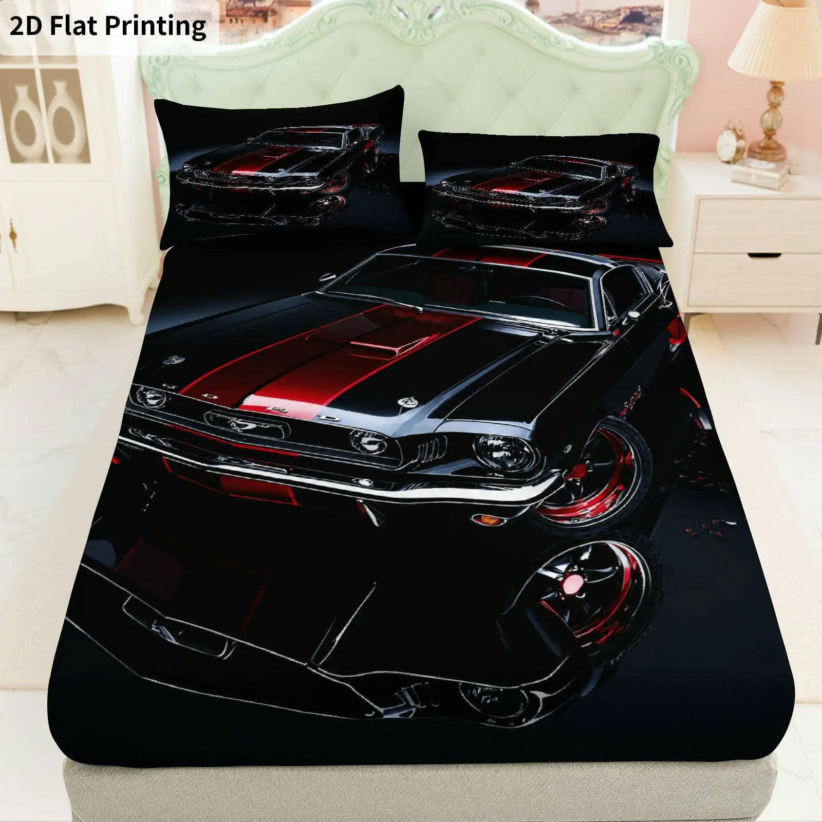 Christmas 2D Digital Print Three-Piece Bedding Set (includes 1 fitted sheet + 2 pillowcases) Mattress Protector, Fitted Sheet Style, Elastic Band, Protective Cover, Mattress Protector, Christmas Theme Bedding, Fitted Sheet Set for Muscle Cars