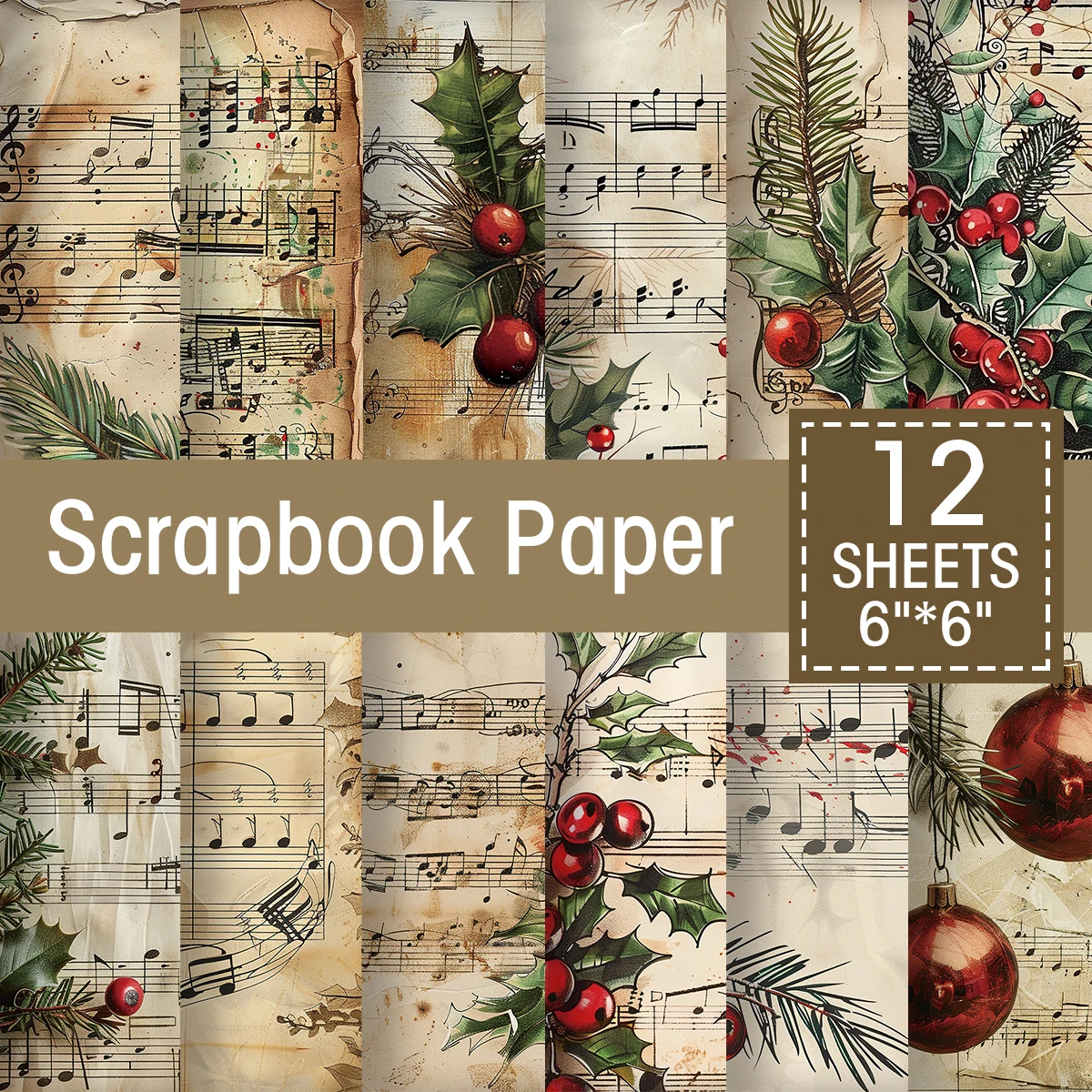 12pc Vintage Christmas Old Music Sheet Scrapbook Paper Set,Retro Christmas Collection Kit Paper for Junk Journal DIY Card Making