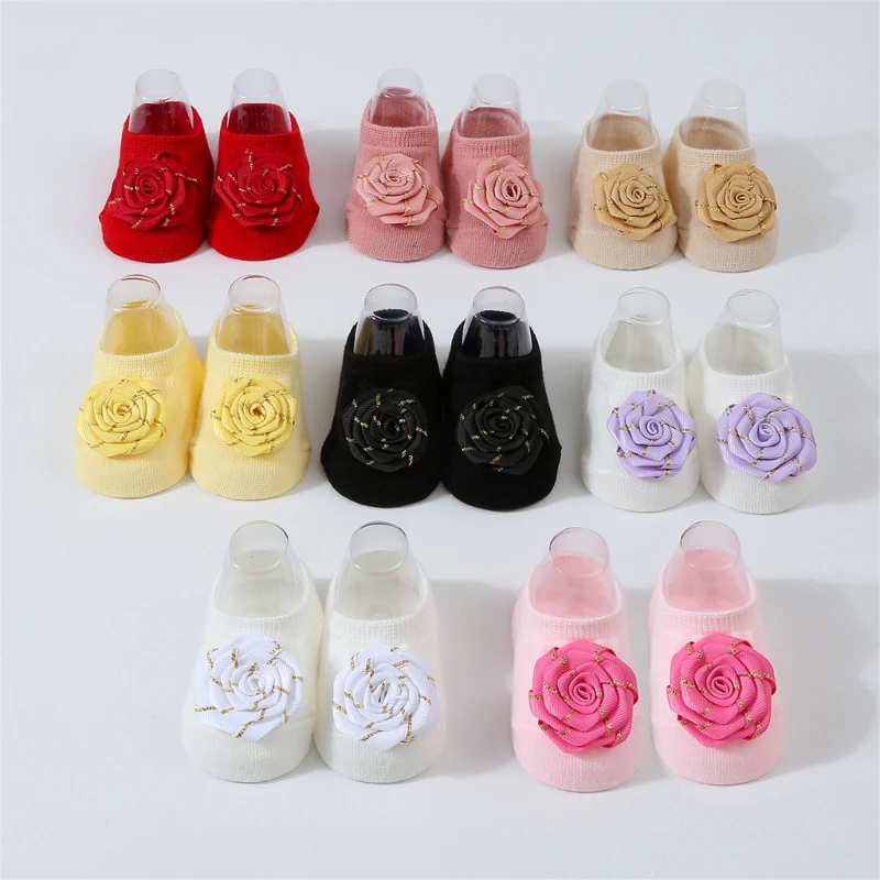 

1 Pair New Handmade Knitted Baby Short Socks with Rose Decor Non-slip Baby Ribbed Knitted Floor Socks