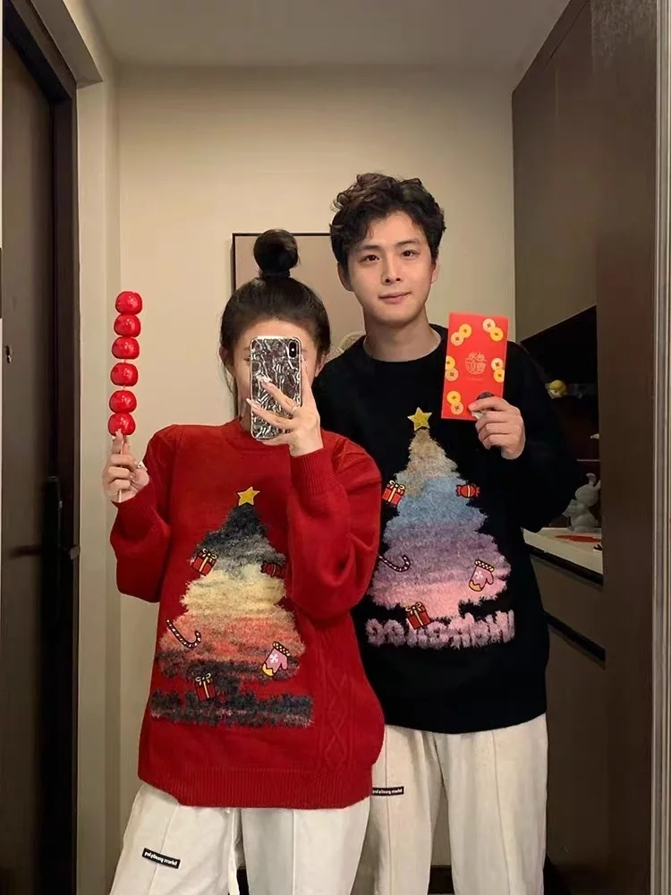 Sweter Rajutan Modis Musim Dingin Pasangan Gaya Musim Gugur Musim Dingin Tahun Baru Kasual Pohon Natal Serasi Pullover Leher Bulat Pria
