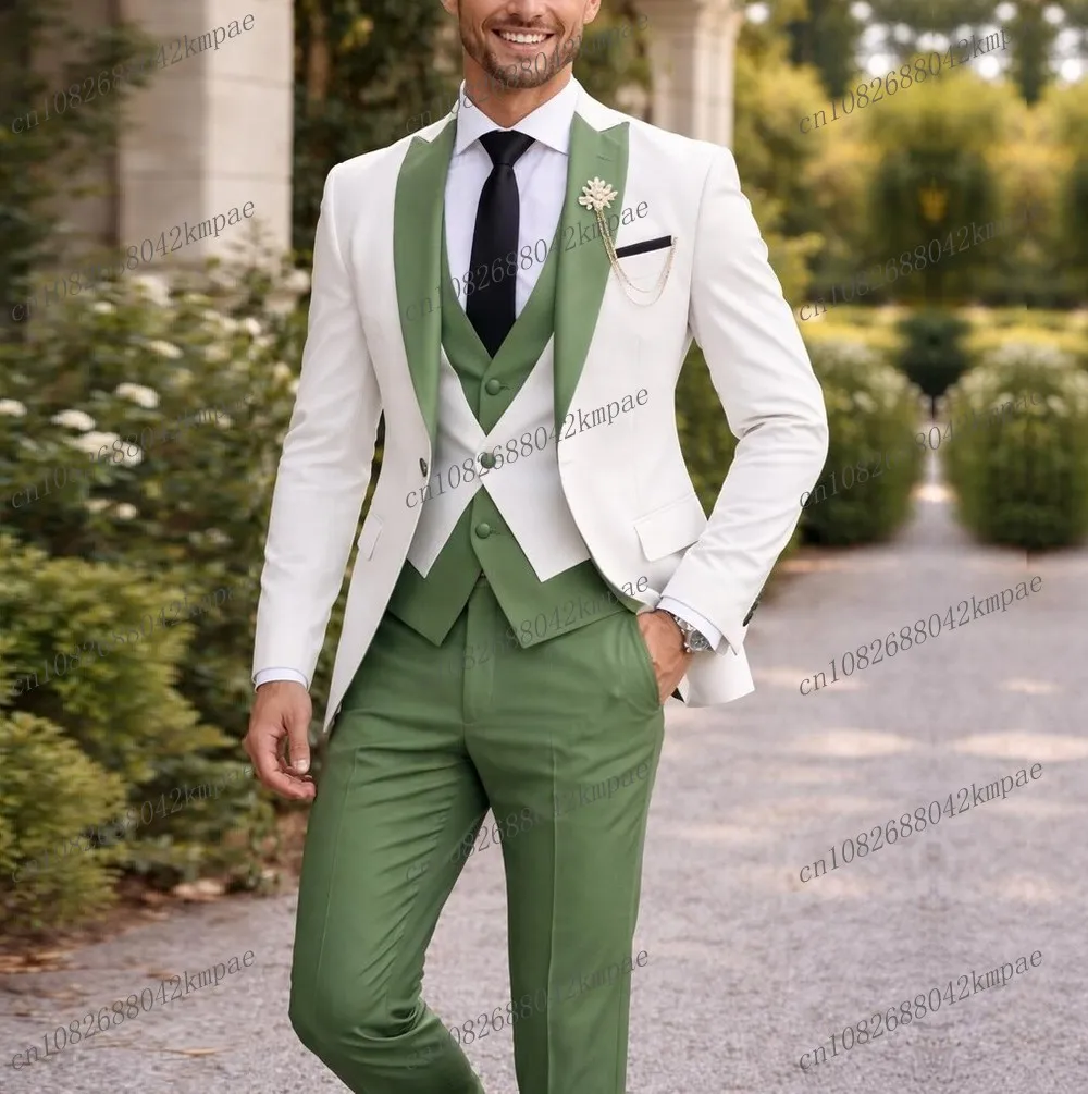 

Новый белый и мятно-зеленый мужской костюм для свадьбы, торжеств, выпускного, деловых встреч, 3-х предметный комплект: пиджак, жилет, брюки.