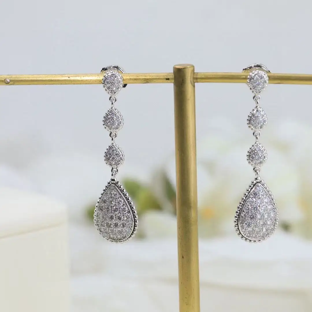 Classic Modern S925 Pure Silver Water Droplet Design Earrings Luxurious Diamond Inlay Exquisite Holiday and Anniversary Gifts