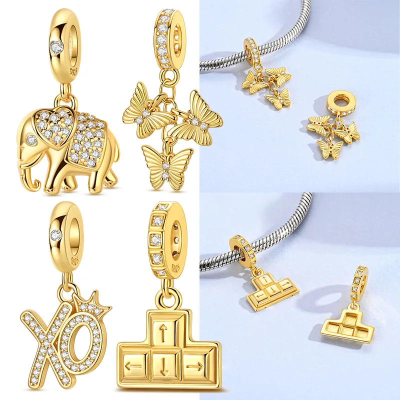 

Золотая серия, стерлинговое серебро 925 пробы, подвески для объятий и поцелуев, подвеска-бабочка, слон, подходит для оригинального браслета, ожерелья, ювелирных изделий