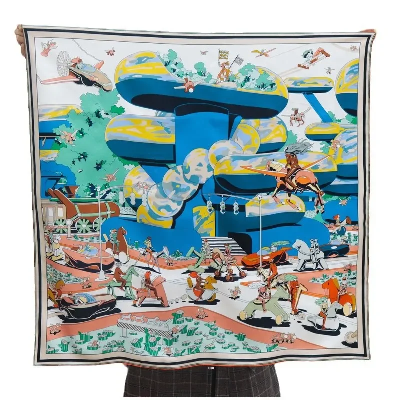 Sci Fi Wonderland Illustration Scarf 100% MULBERRY SILK 14 MM Twill 88x88CM Large Shawl Bandana Fashion Decorative Head Wrap