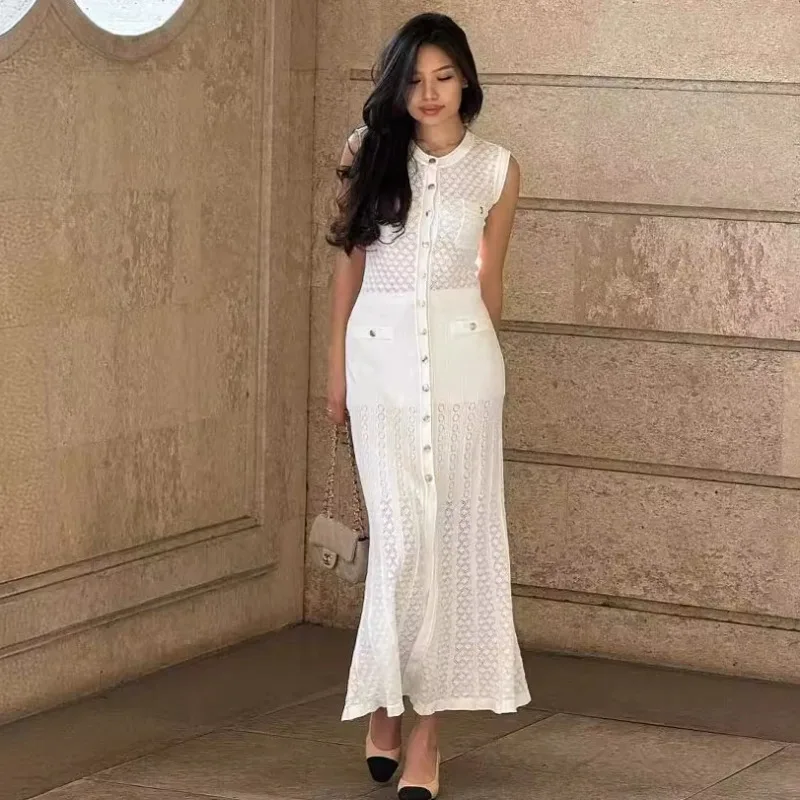 

2024 Summer Elegant Lace Patchwork Casual Long Dress Women Solid O Neck Sleeveless Single Breasted Slim Lady Commute Street Robe