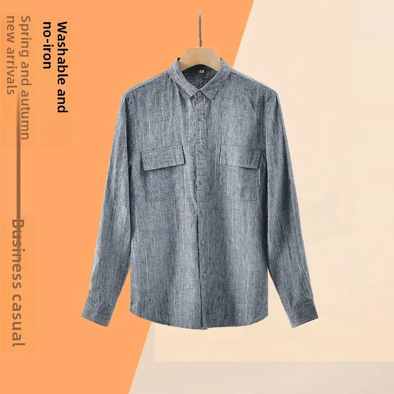 

Мужская льняная рубашка весна 2024, повседневная, свободного кроя, с окрашенными полосками, на пуговицах, с длинным рукавом, простой стиль