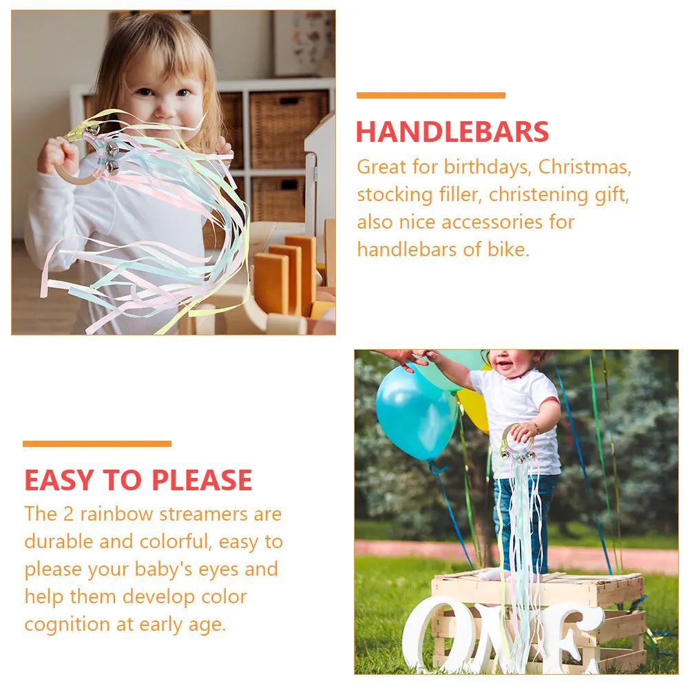2Pcs Rainbow Ribbon Streamers for Wooden Handle Dancing Ribbons with Bells Early Color Cognition Educational Props
