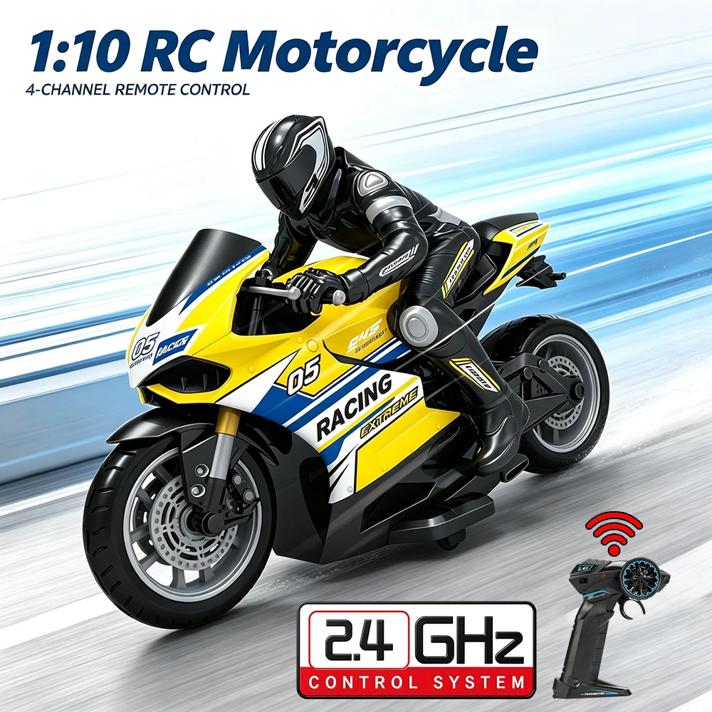 2.4G 1:10 RC-Motorrad 4-Kanal Elektrisches Drift-Motorrad für Kinder, Ferngesteuertes Auto, Elektrisches Modellspielzeug für Jungen, Kindergeschenk