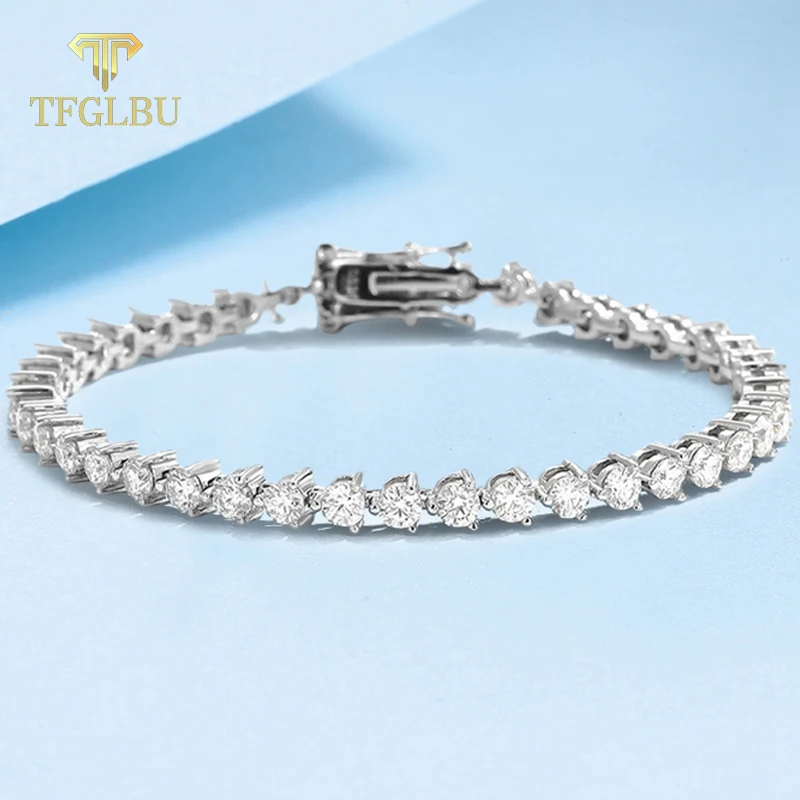 

TFGLBU Trendy 3mm Colorless Moissanite Bracelet for Women 3 Prongs S925 Sterling Silver White Gold Plated High-quality Jewelry