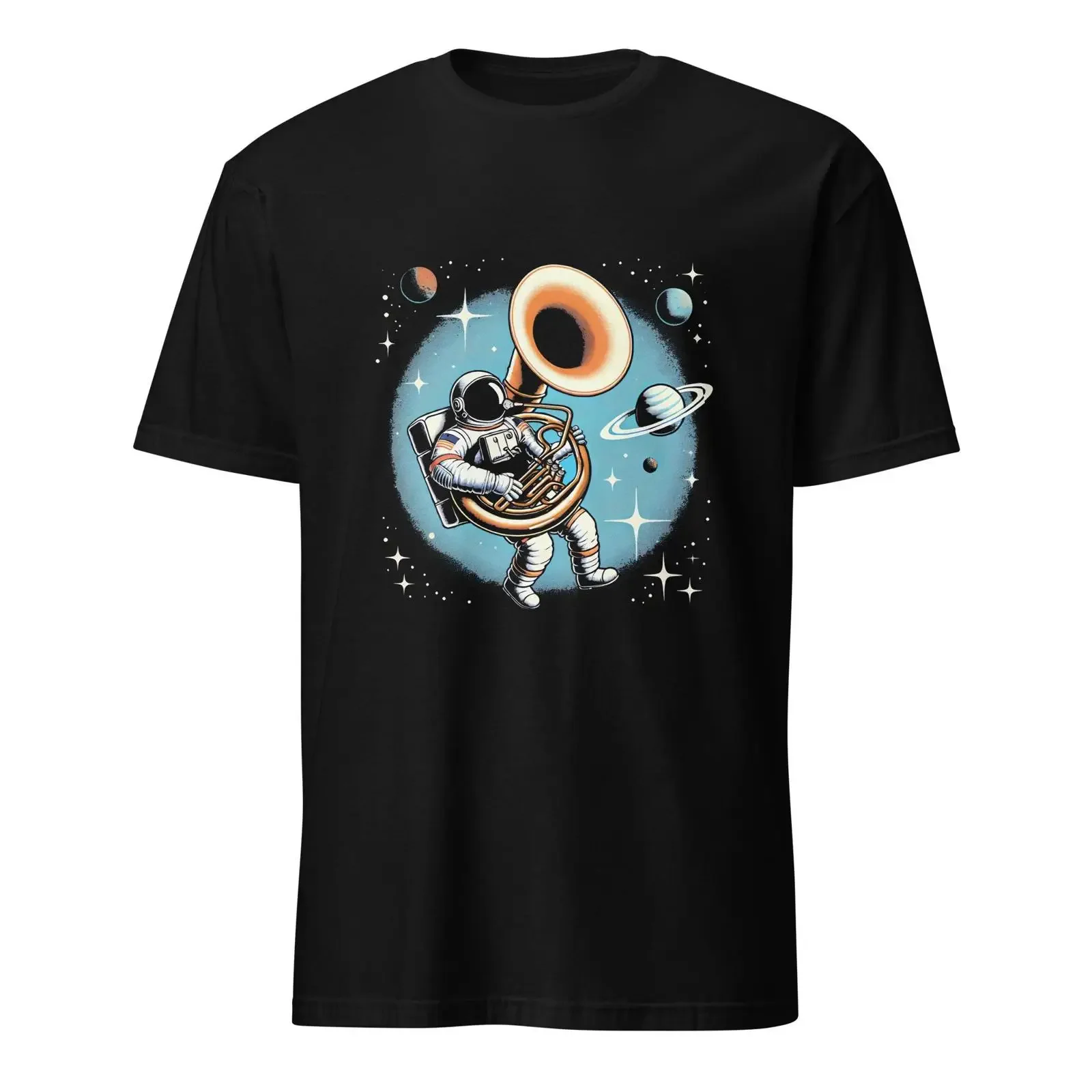 Camiseta de banda de marcha Sousaphone Astronaut, estilo vintage lavado, para músico de tuba espacial y instrumentos de viento bajo, versátil y ligeramente desgastada.