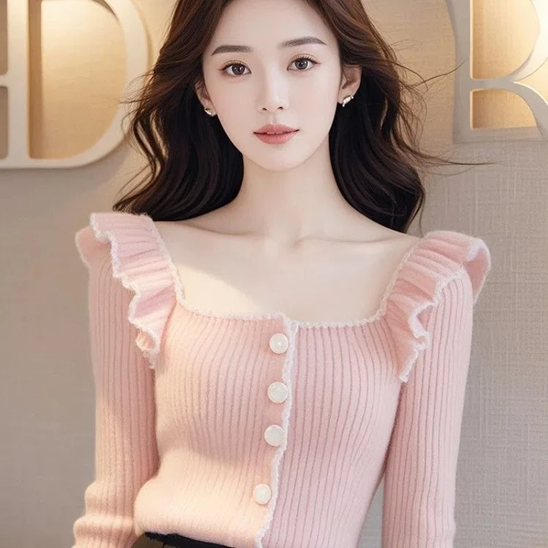 Autumn Winter Unique and Chic Square Neck Pink Sweater Knitted Sweater Women's Design Super Beautiful Stunning Long Sleeved Top