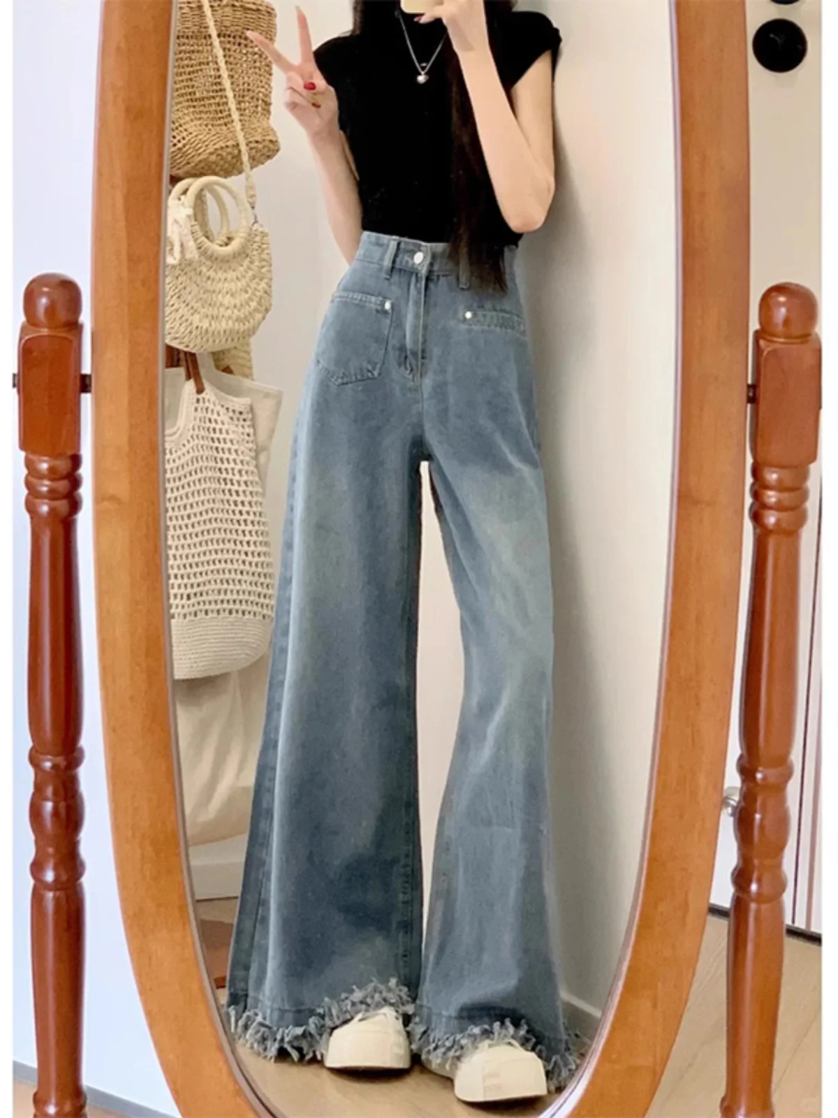 

Широкие джинсы с высокой талией в американском стиле ретро, женские осенние свободные висячие брюки-колокольчики с эффектом потертого подола для похудения