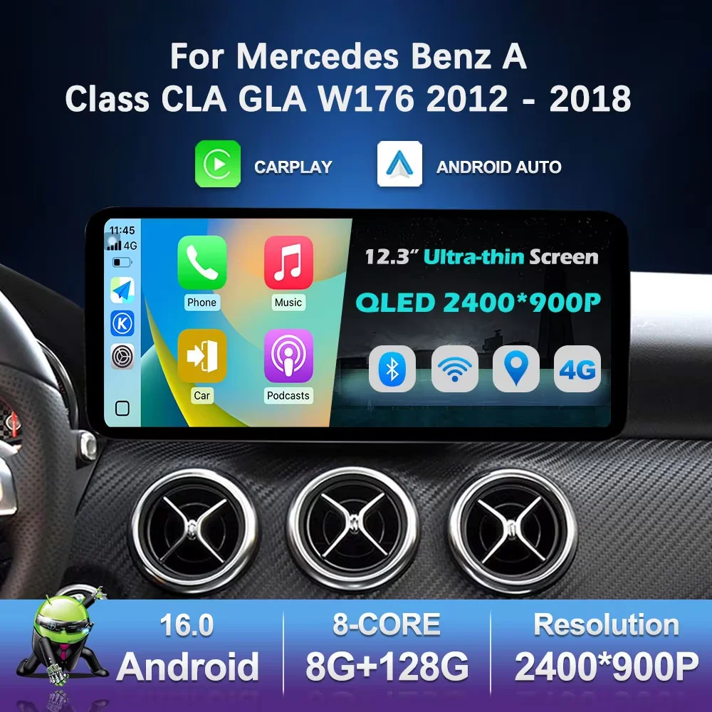 Android 16 Navigation GPS Car Radio Multimedia Player for Mercedes Benz A Class CLA GLA W176 2012 - 2018 QLED Touch Screen 4G BT