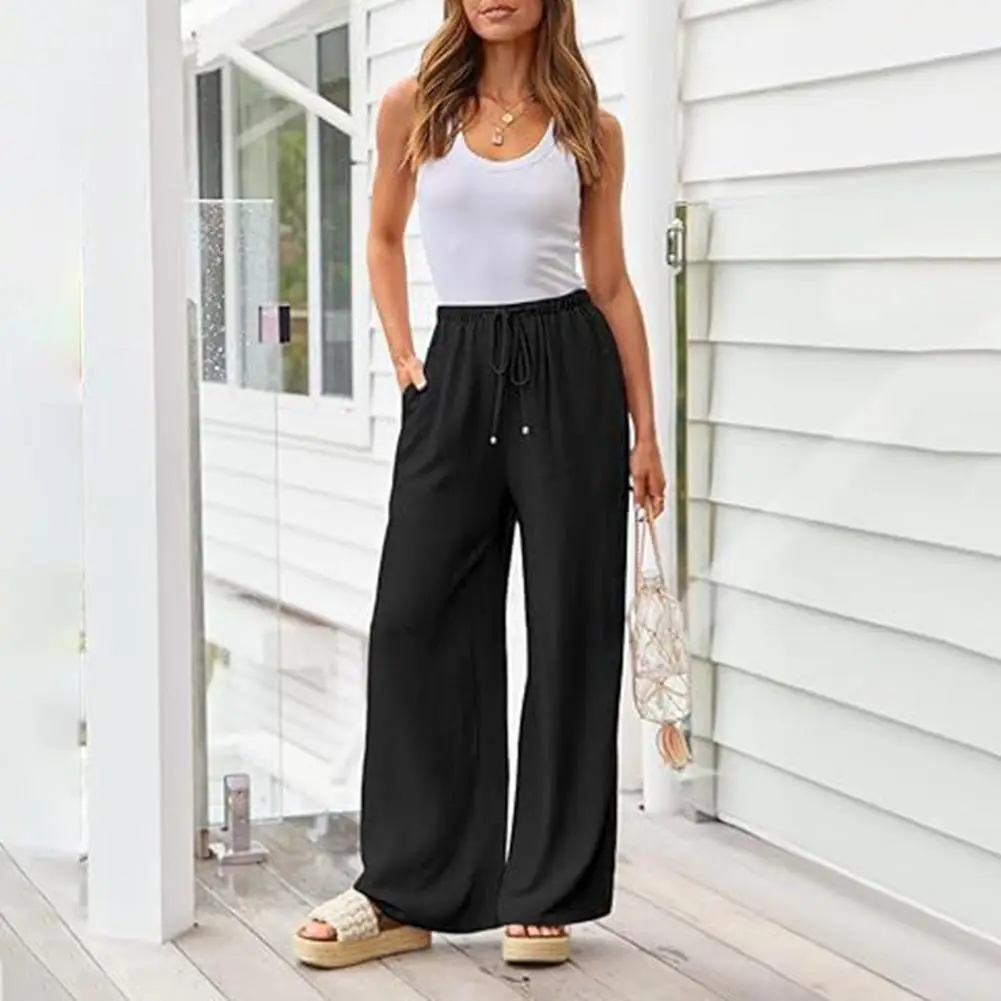 

Women Pants Stylish Wide Leg Women's Pants with Drawstring Waist Pockets Streetwear Trousers Solid Colors Loose Fit Cotton for A