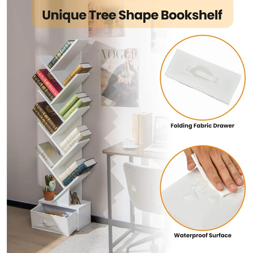 Tree Bookshelf with Drawer, 10 Shelf Space Saving White Wooden Bookcase, Freestanding Retro Wood Storage Rack, Decorativ