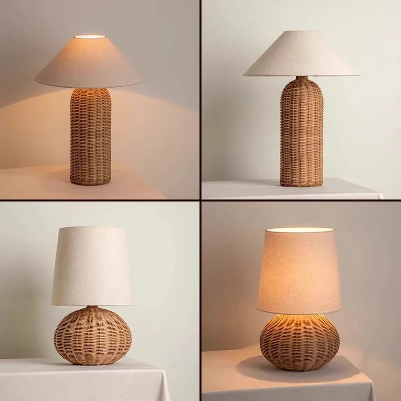 Wabi-sabi wind bedside table lamp medium ancient style retro American rattan art homestay decoration atmosphere study table lamp