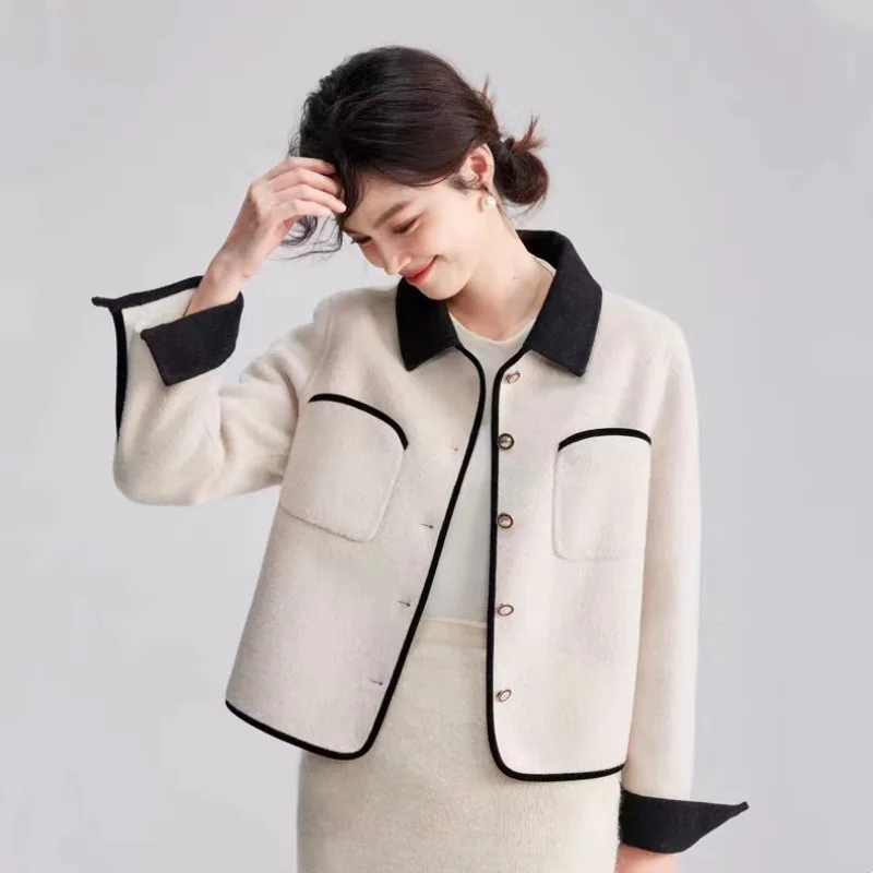 

Women's Tweed Jacket High Quality Luxury Celebrity Double-sided Cashmere Coat Lapel Single-breasted Wool Blend Outerwear Tops