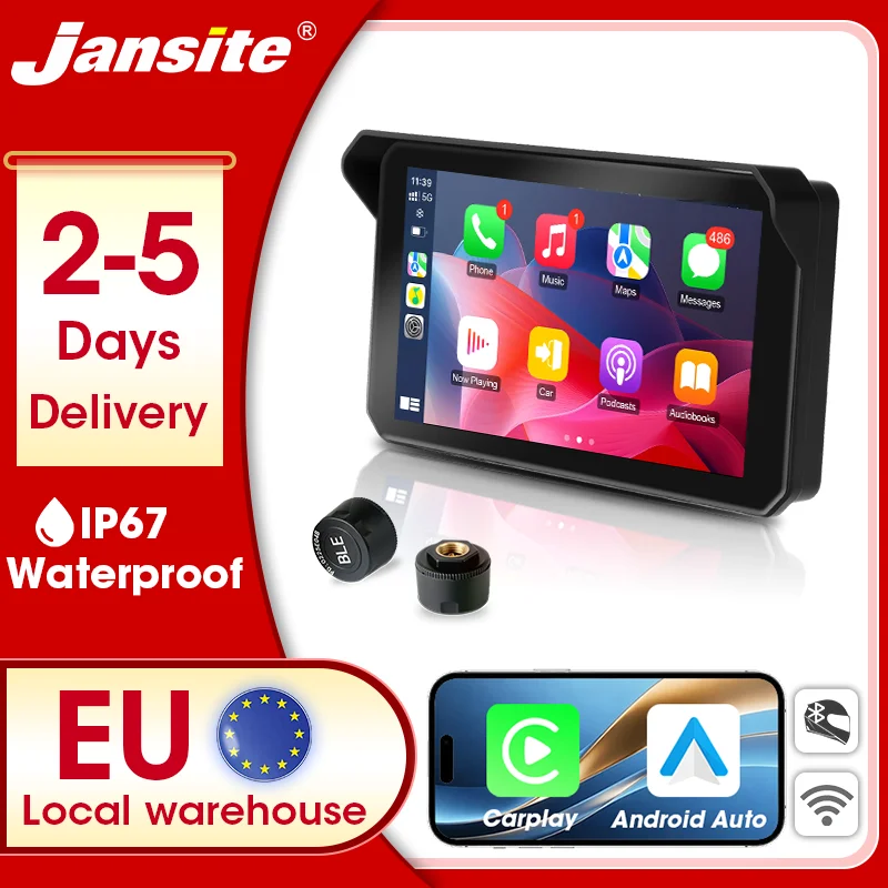 Jansite 5'' Dual-Bluetooth-Motorrad-Carplay-Bildschirm GPS für Moto-Navigation, IP67 wasserdichtes Display, Android Auto MirrorLink, digitales Motorrad-Armaturenbrett, unterstützt Helm-Headset,
