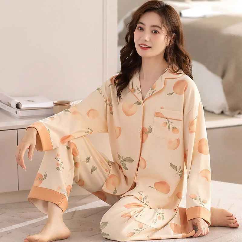 2024 neue Pyjama Frauen Frühling Herbst reine Baumwolle Nachtwäsche Langarm Cartoon Lounge wear niedlich locker sitzende V-Ausschnitt Homewear Set