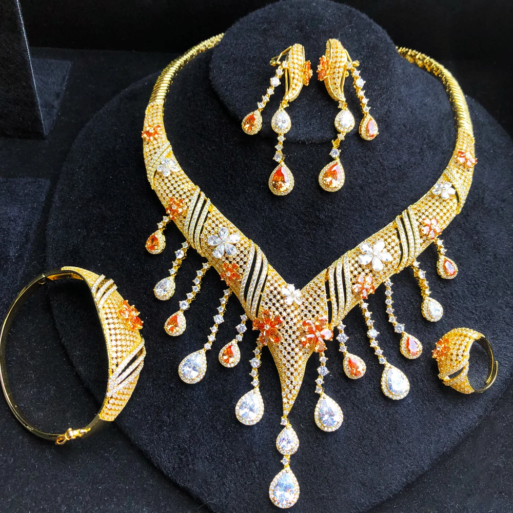 

GODKI Big Fashion Luxury 4PCS Flower Tassel African Jewelry Set For Women Wedding Party Zirconia Indian Dubai Bridal Jewelry Set