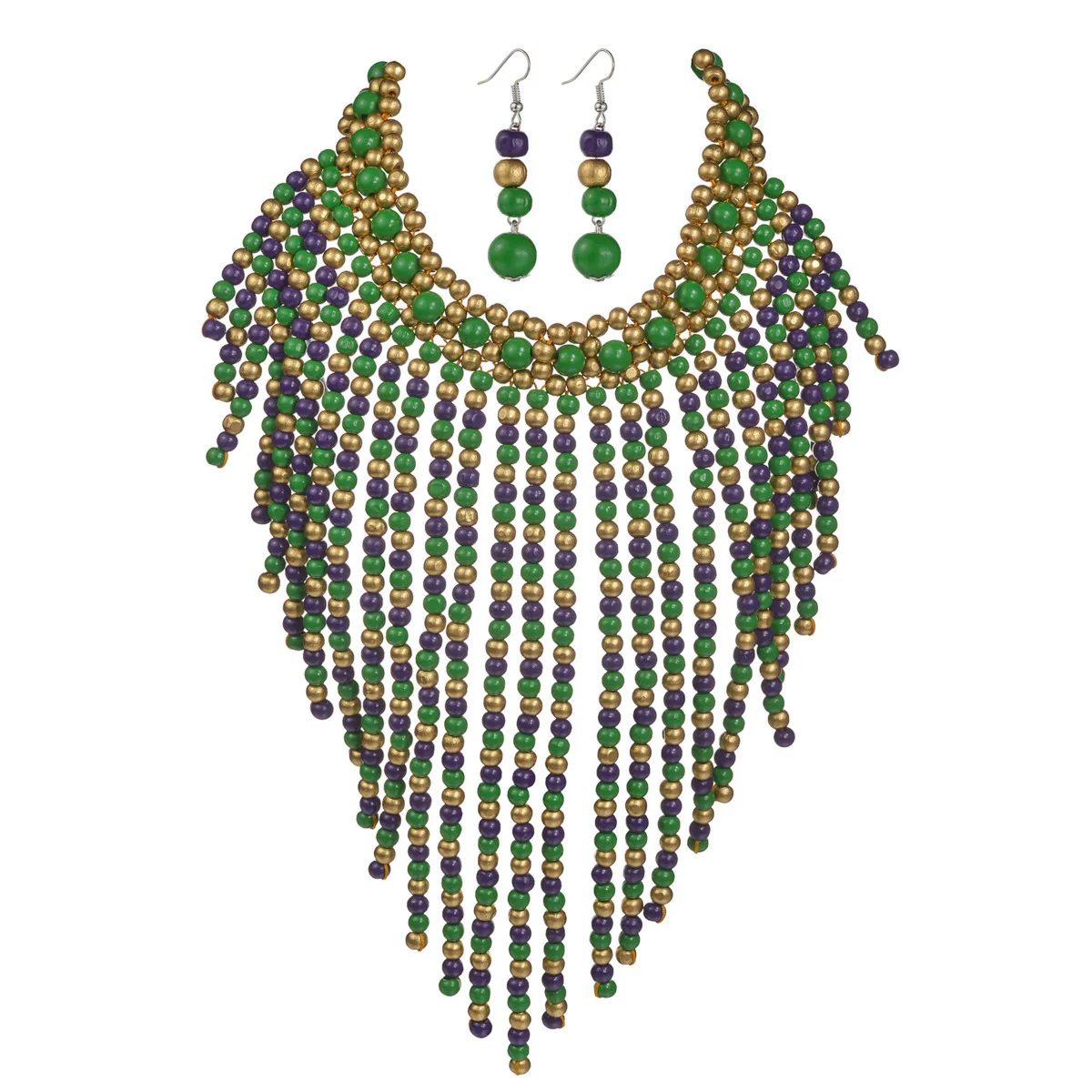 African Jewelry Set Bohemian Retro Ethnic Handmade Wooden Woven Beaded Statement Necklace and Earrings Women's Party Accessories