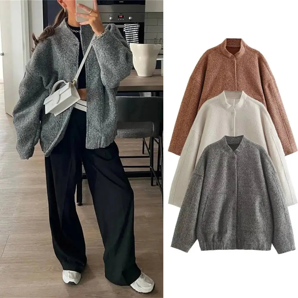 

Woman Fashion Loose Gray Baseball Autumn Casual Oversized Bomber Jacket Girls Vintage Thick Warm Outwear