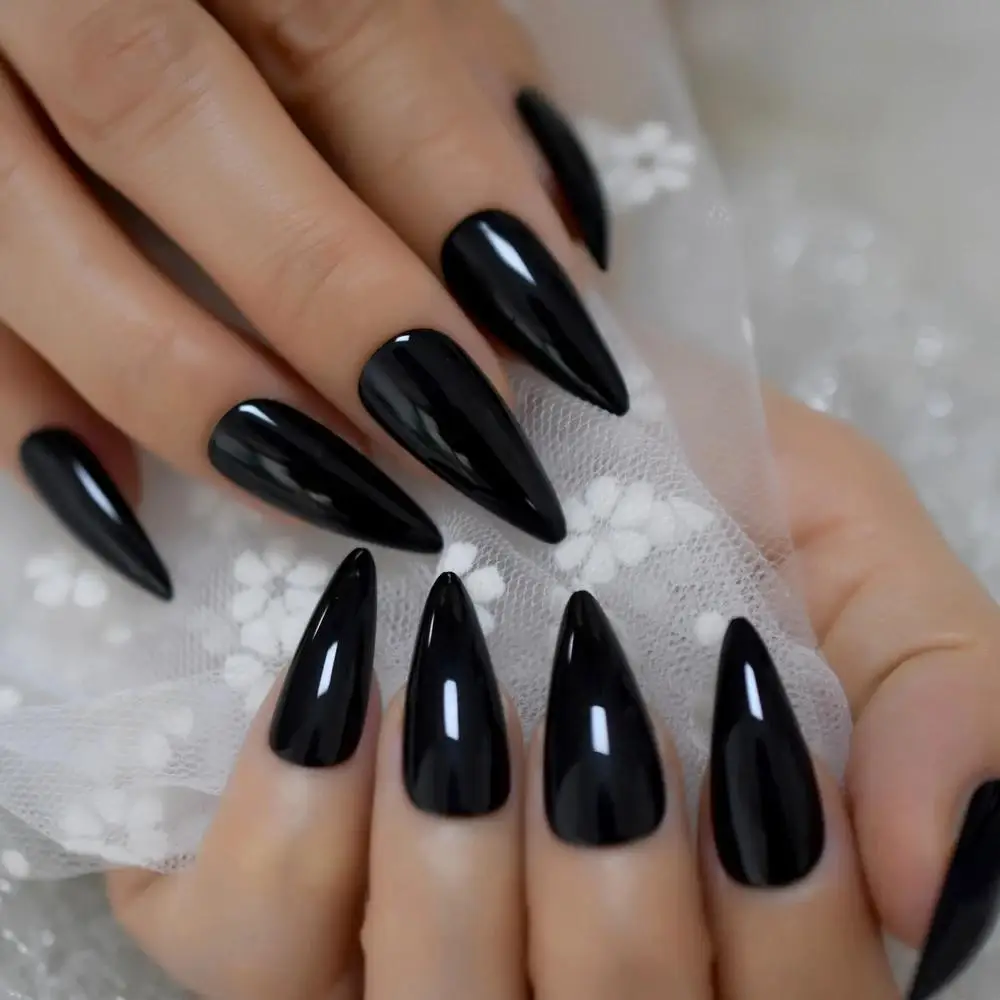 24Pcs Long Stiletto False Nails Shiny Black Artificial Fake Nails For Design Acrylic Lady Full Finger Tips Manicure Tool