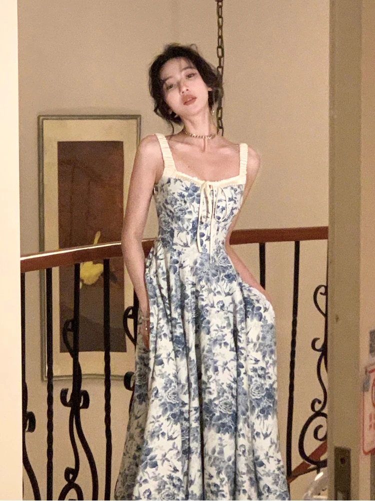 Summer French Floral Fashion Women Spaghetti Strap Elegant Midi Dresses Sexy Evening Party Backless Prom Dress Clothing Vestidos