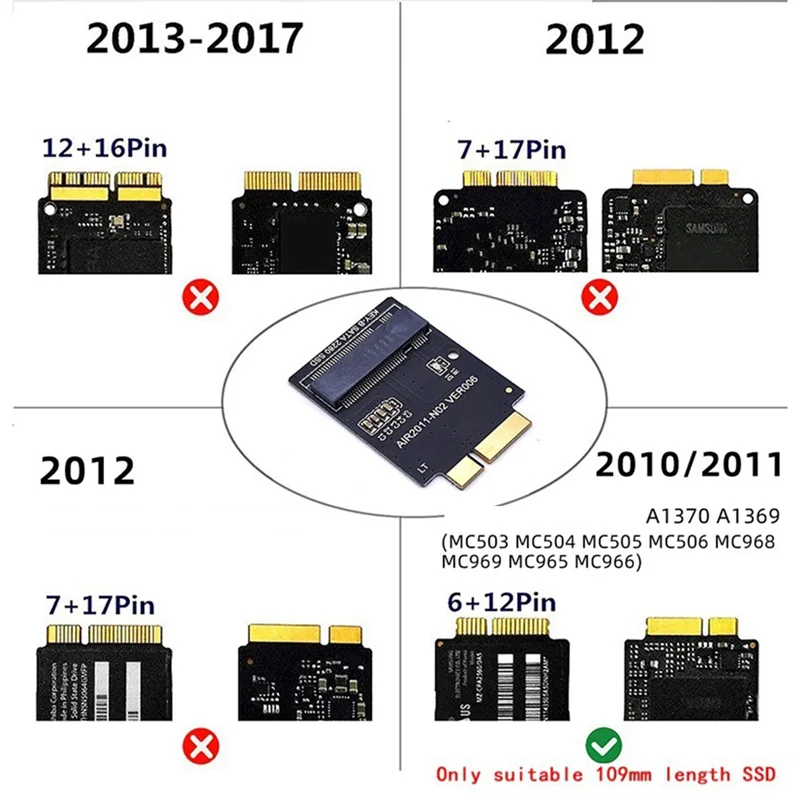 

Well Made-M.2 NGFF SATA SSD Adapter For Air 2010 2011 A1369 A1370 M2 SSD Converter Card Only Support 2280 M2 SSD