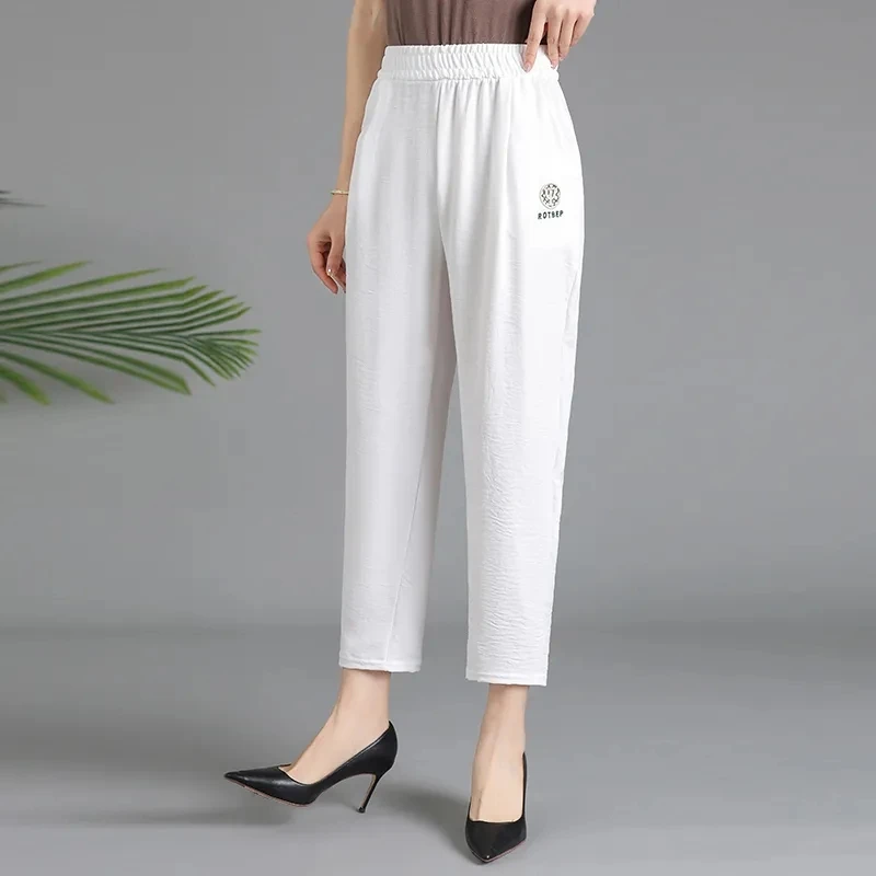 2024 Summer New Middle Aged Elderly Women's Pants Fashion Elastic Waist Mother's Straight Pants Loose Harlan Ankle-Length Pants