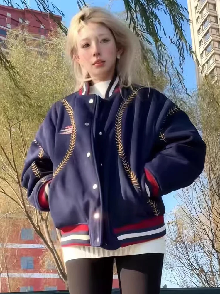 

Thiened Cotton Jaet for Men And Women in k Blue with Embroidery Baseball Collar Warm And Sli for Couples in Winter