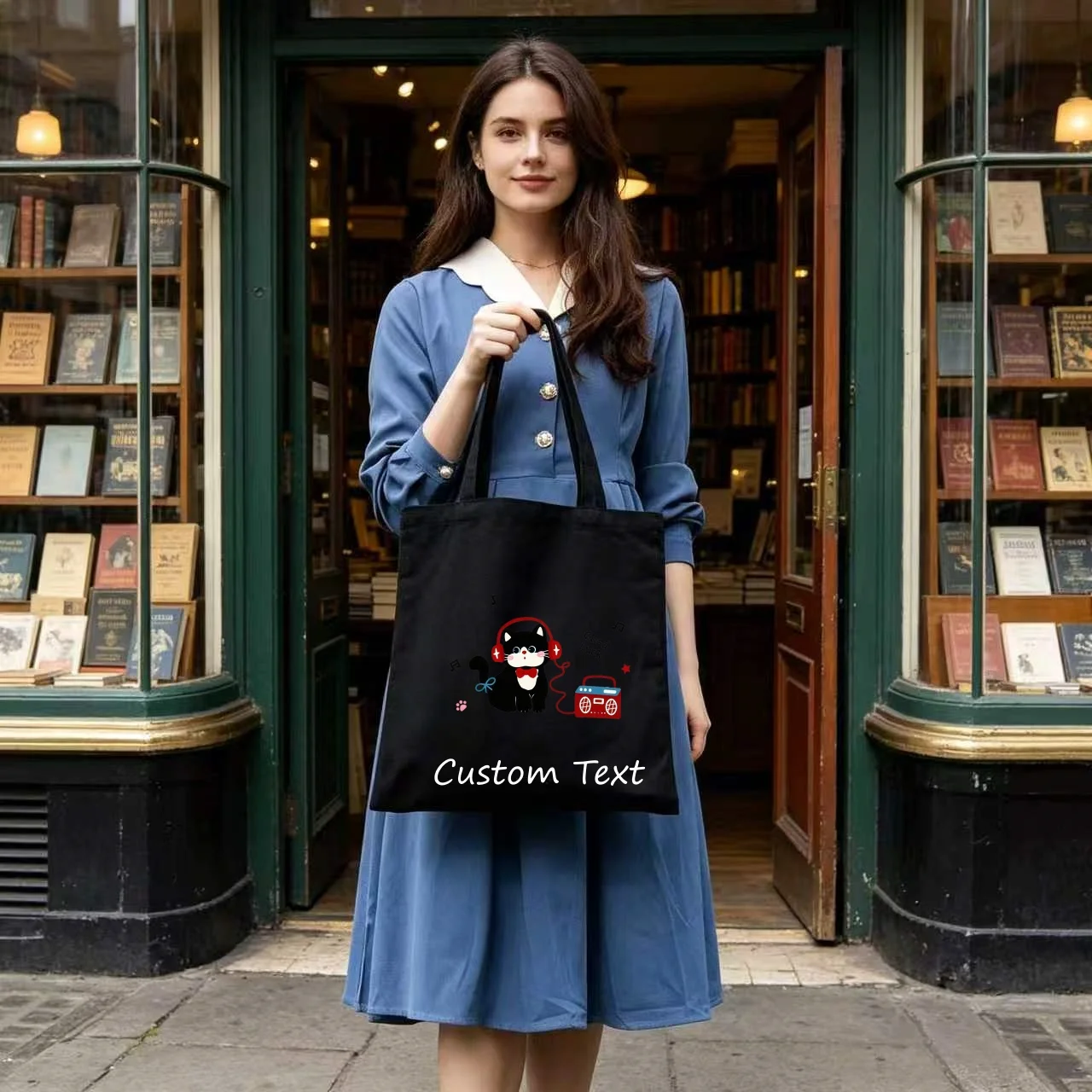 1PC Personalized Custom Text Tote Bag, Cute Black Cat With Headphone Retro Radio Print Canvas Reusable Shoulder Handbag
