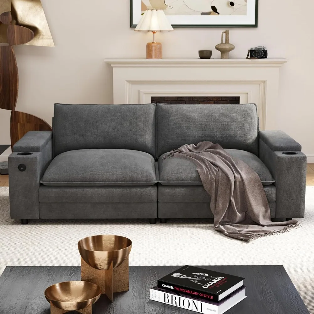 

64.5" Cloud Loveseat Couch for Living Room, Chenille Upholstered 2-Seater Sofa with Storage Armrest, Cup Holders, USB & Type-C