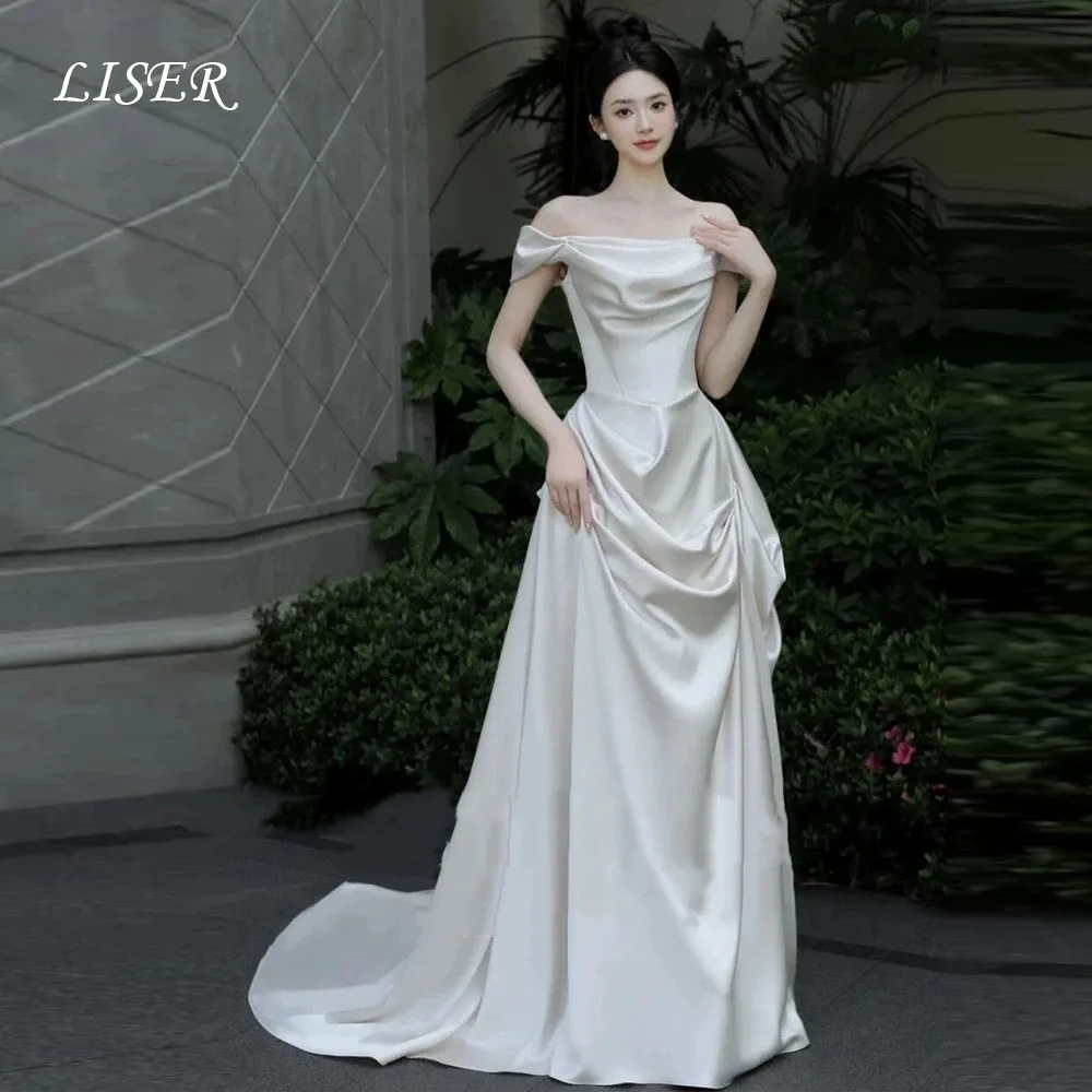 

Liser Off Shoulder A-Line Simple Korea Wedding Dresses Silk Satin Long Elegant Bridal Gowns Photo Shoot 저녁 드레스 Customize Corset