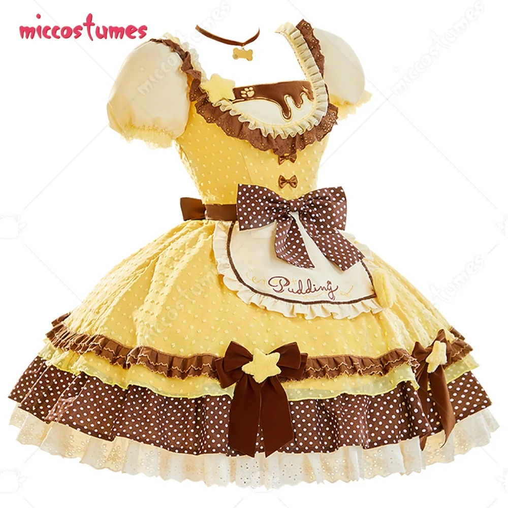 Disfraz Amarillo de Miccostumes para Mujer, Disfraz de Anime, Traje Lolita, Vestido con Estampado de Puntos y Bloques de Color, con Delantal y Sombrero